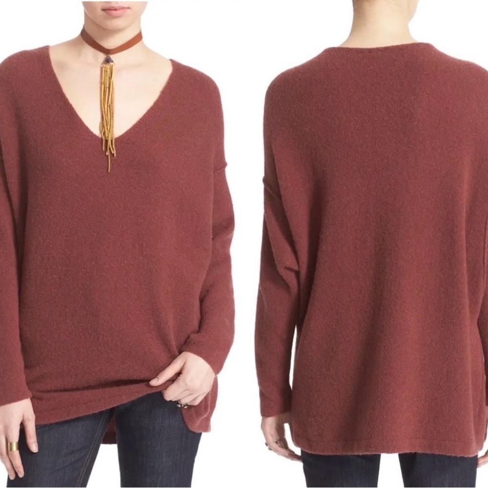 Free People Deep V-Neck Sweater Women S Rust‎ Wool Blend Oversized Tunic Pockets